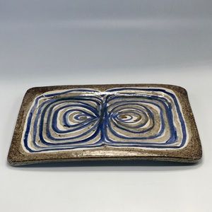 VTG Art Pottery Signed J. Wright Divided Blue, Taupe & Beige Divided Dish 8x6”